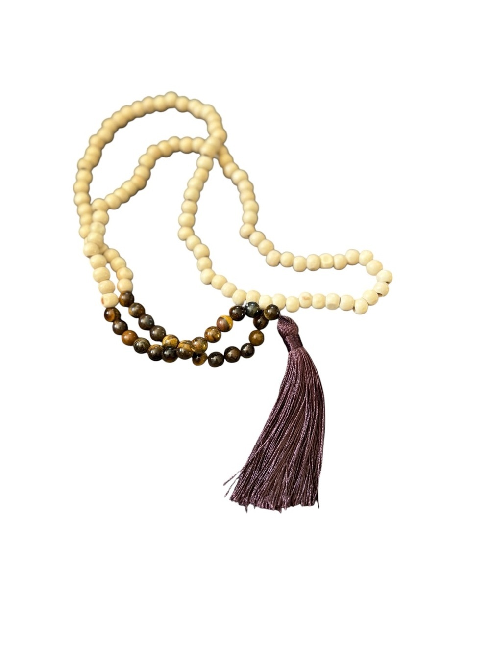 Hand Beaded 20” Ivory & Tortoise Beaded Necklace With Tassel Unisex